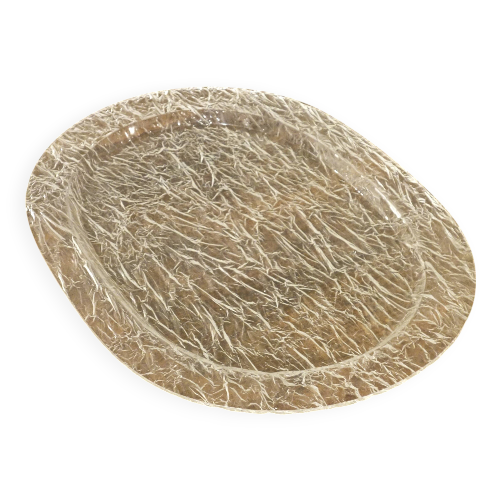 Large oval tray in crumpled plexiglass, France 1970's