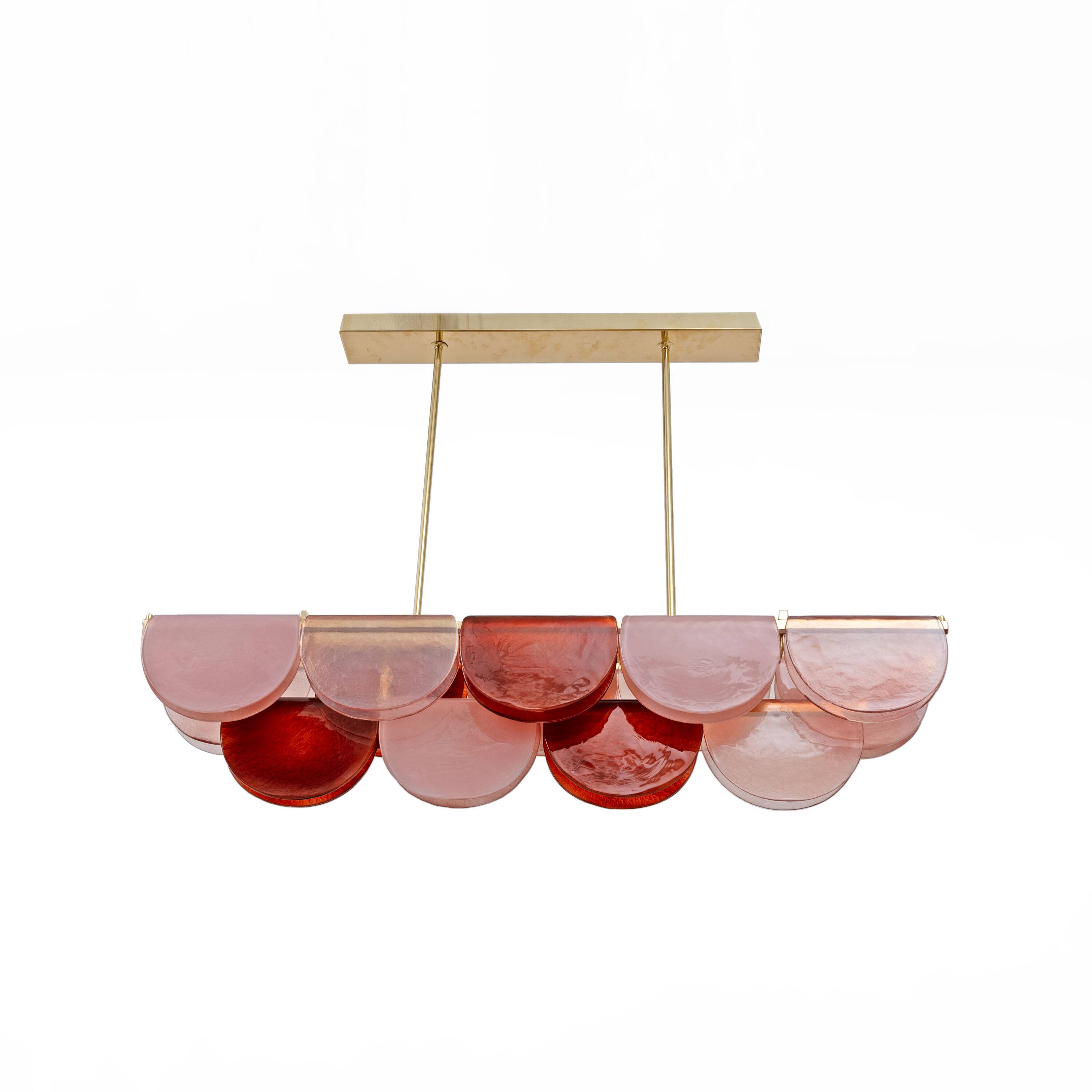 Italian Murano Glass and Brass Modular Linear Chandelier in Pink and Red
