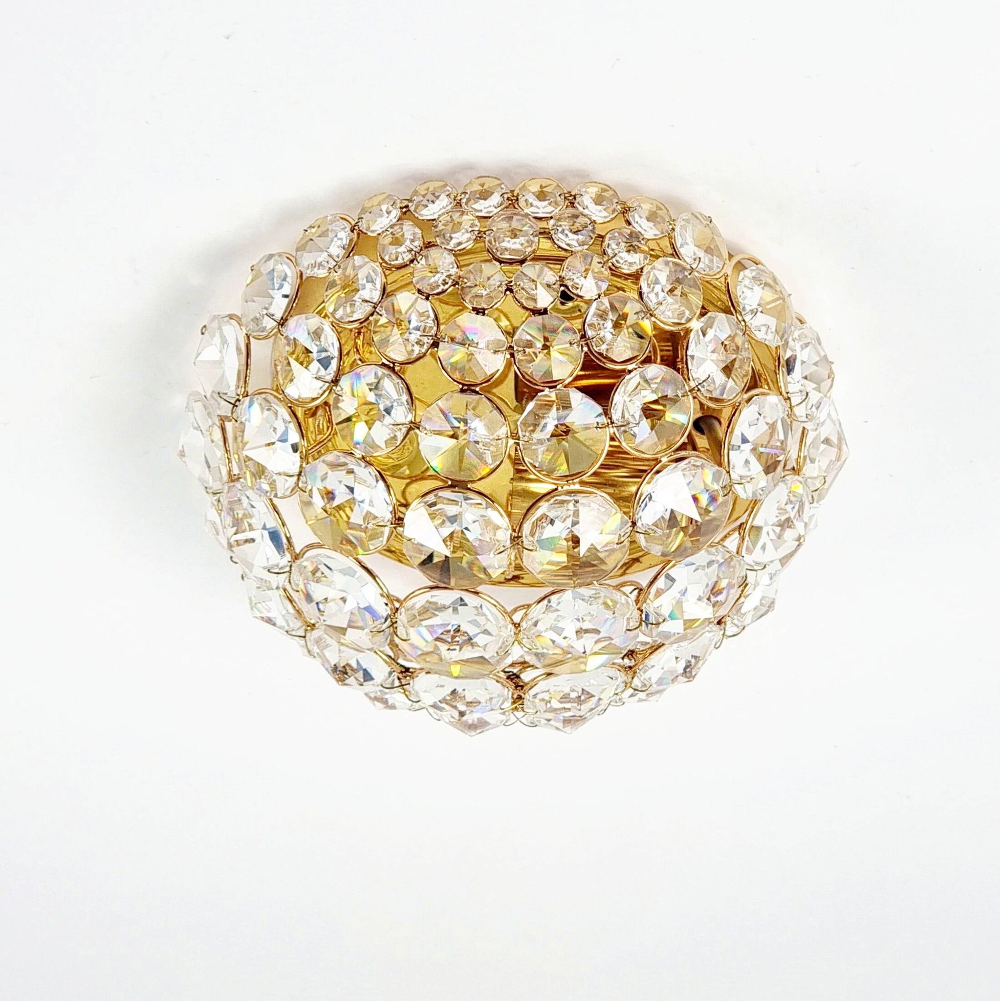 Crystal & gilt brass flush mount from palwa, germany, 1970s
