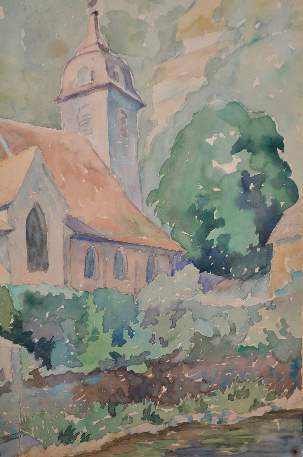 French school 20th century "the village church" watercolor, dated 1944