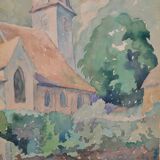 Ecole française XXème siècle "l'église du village" aquarelle, datée 1944