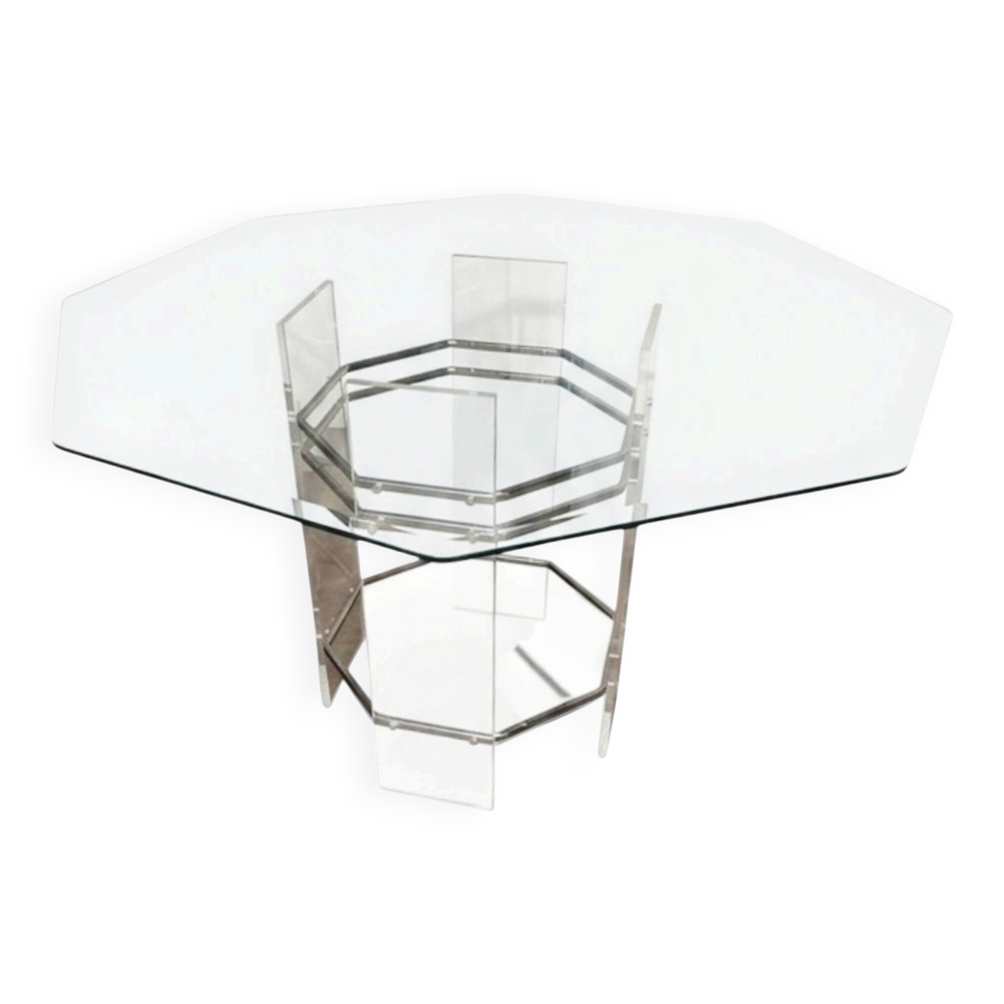 Table de repas octogonale en verre et métal chromé – Circa 1970