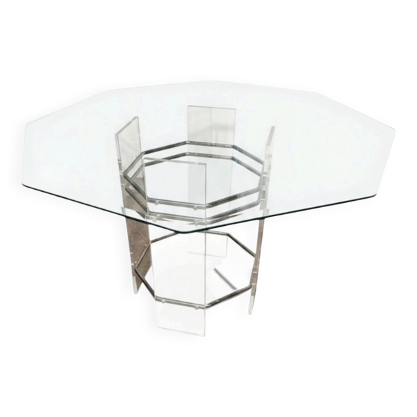 Table de repas octogonale en verre et métal chromé – Circa 1970