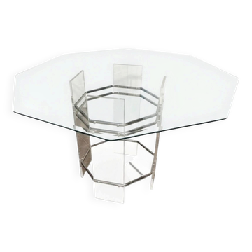 Octagonal dining table in glass and chrome metal – Circa 1970