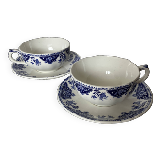 Paire de tasses et sous-tasses / Faïence de Gien bleu de Delft