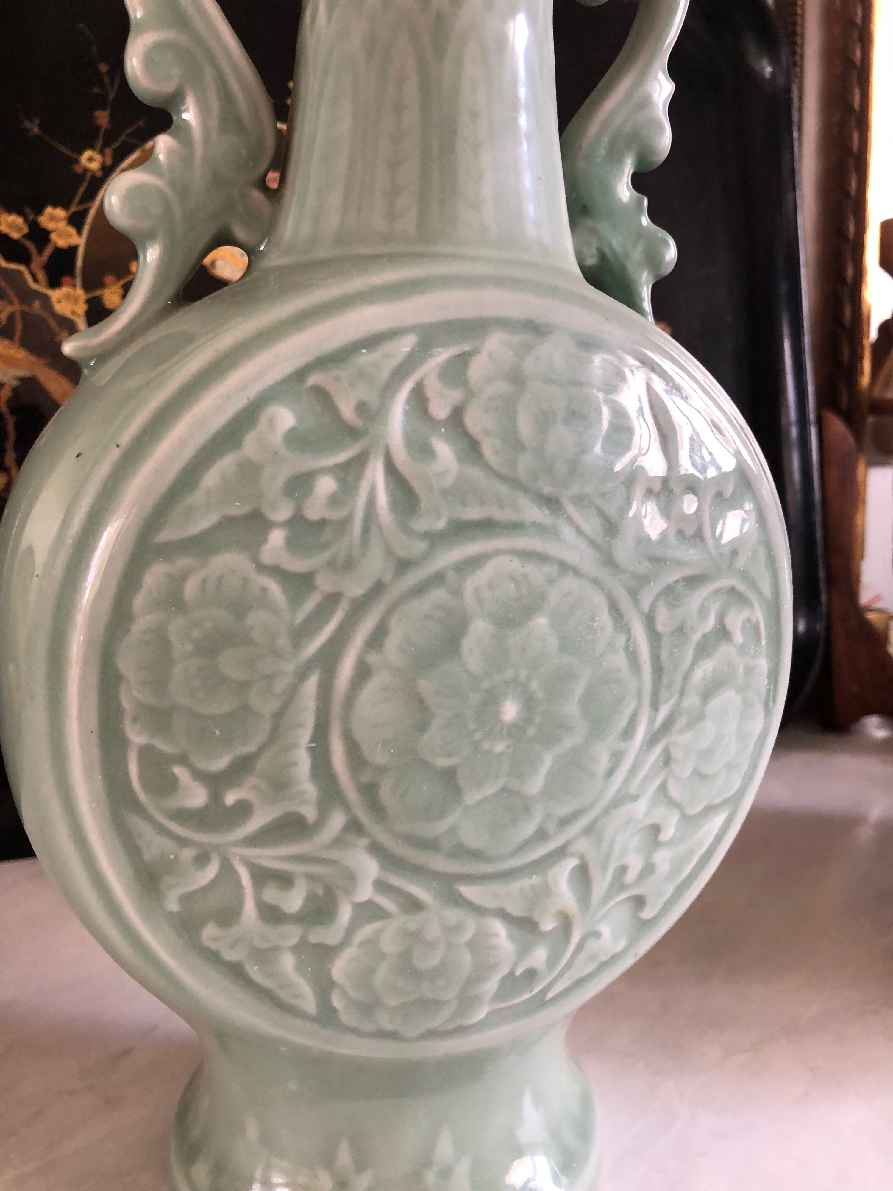 Bianhu Gourd Vase with handles Celadon porcelain/Relief decorations/China Qing dynasty late 19th century