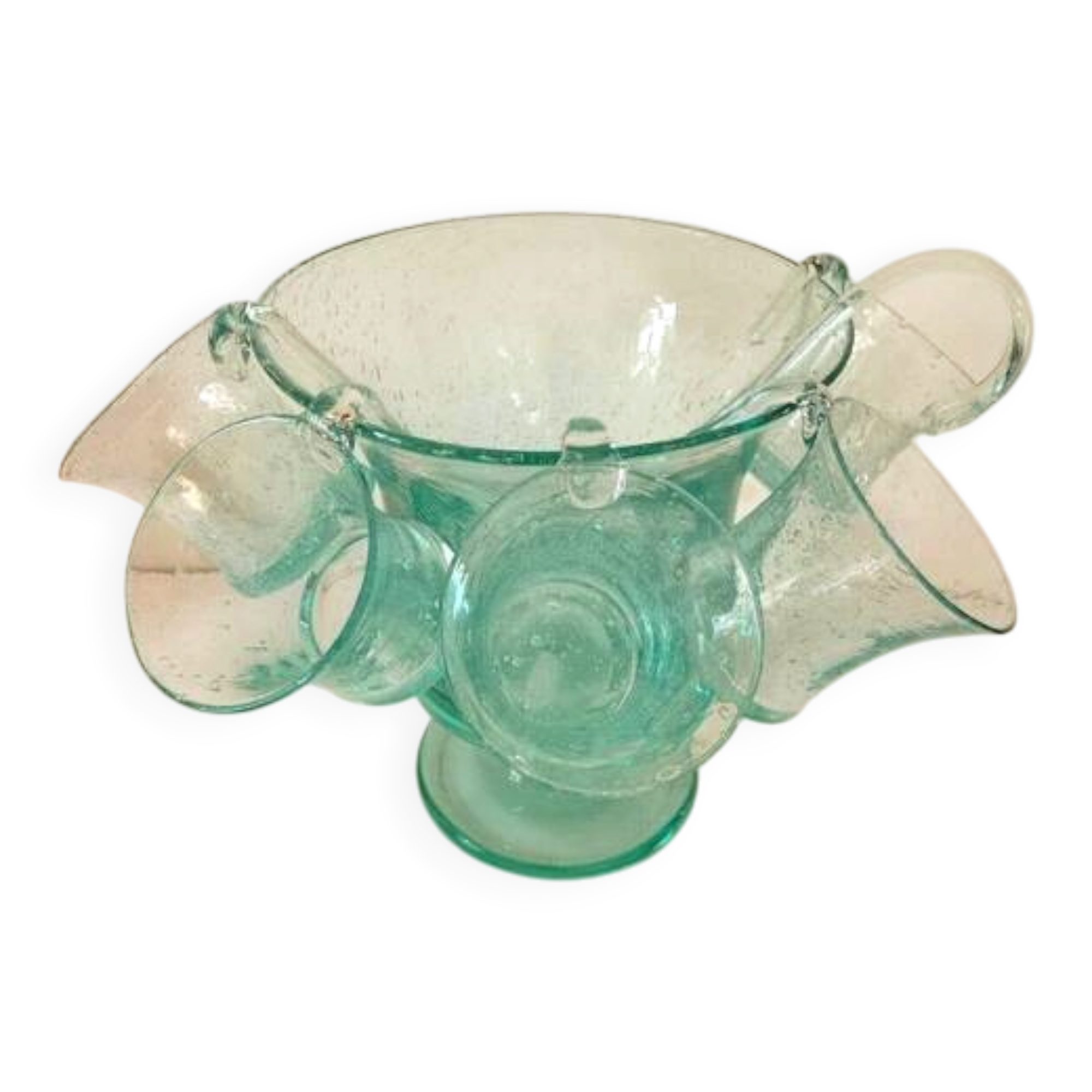 Service en verre soufflé bullé vert d'eau – Coupe sur pied, 5 tasses et louche