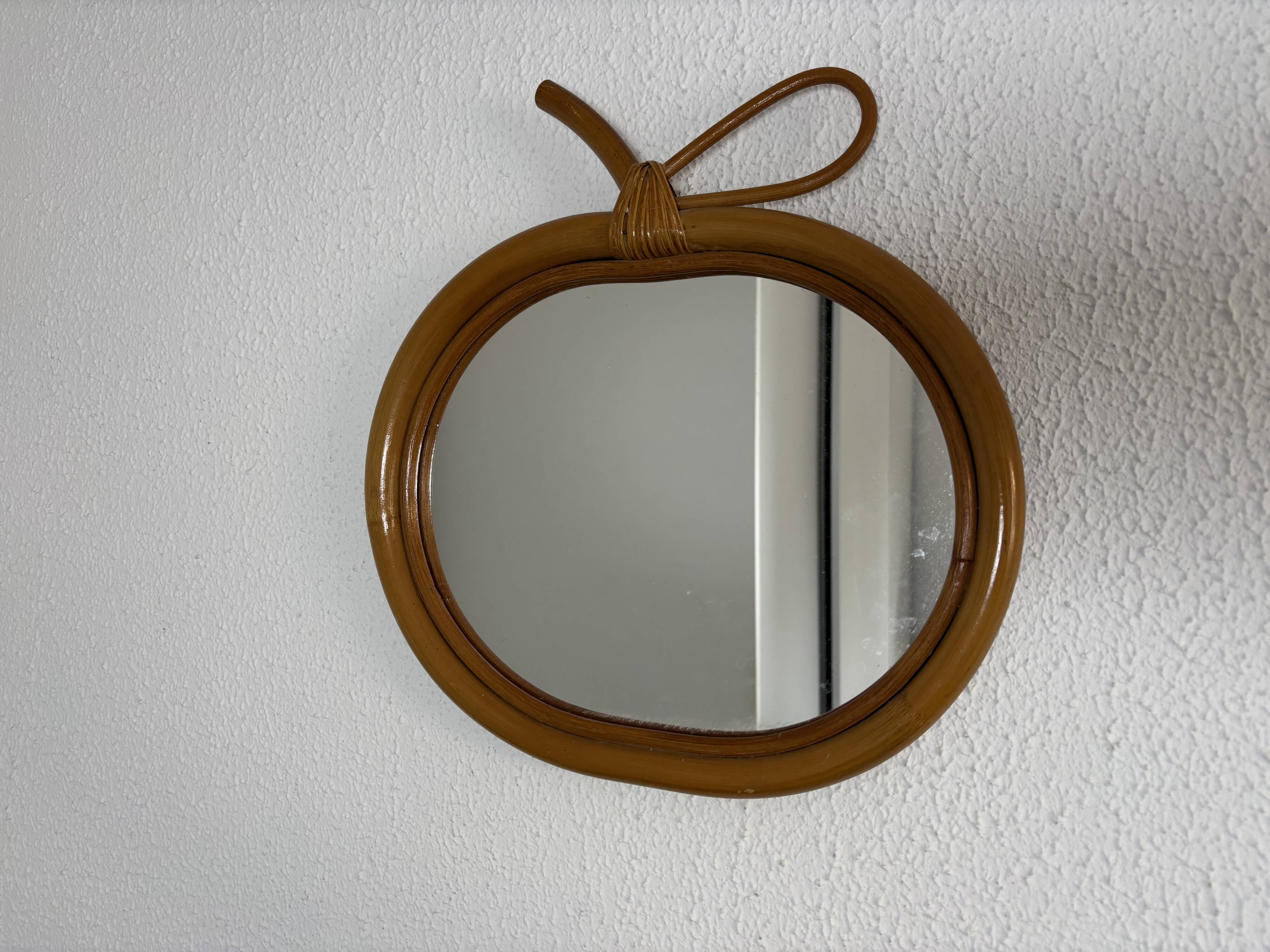 Vintage mirror 1960 apple rattan wicker bamboo - 32 x 33 cm