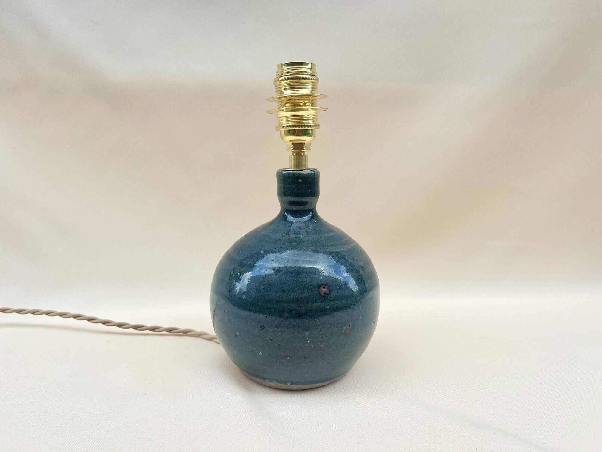 Vintage blue pyrite stoneware lamp 1970s raffia rope lampshade ribbons 70s bohemian