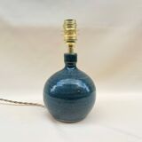 Lampe en grés pyrité bleu vintage 1970 abat-jour corde raphia rubans années 70 bohème