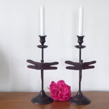 Pair of metal candlesticks, dragonfly