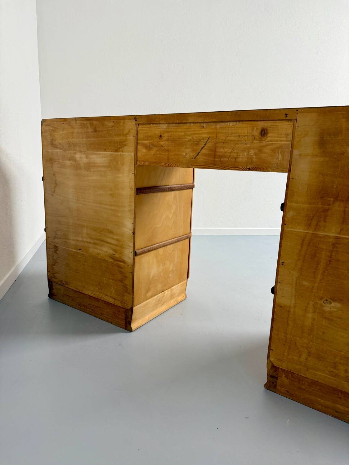 Old beech desk in art deco style with drawer, vintage 60s