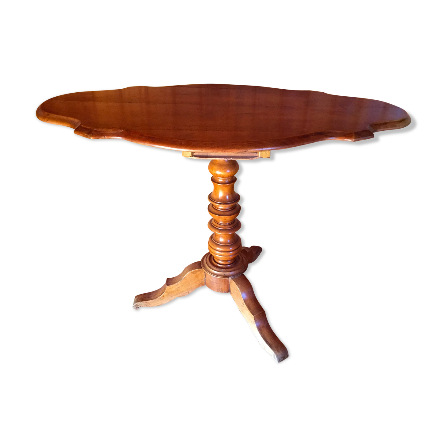Antique furniture table 19th pedestal table oval tripod shape violin walnut solid provincial crafts
