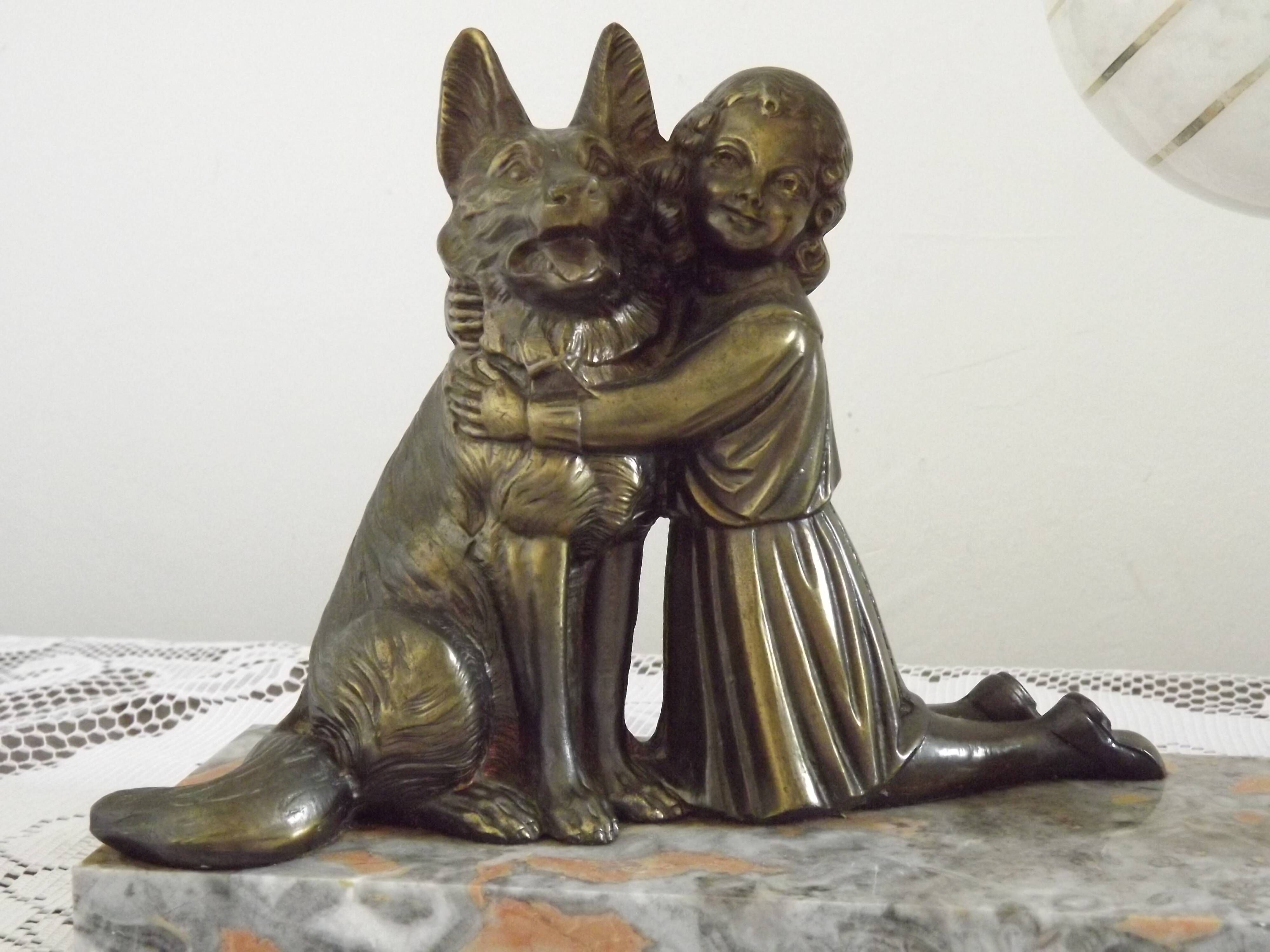 French Art Deco Table Lamp – Kneeling Girl with Dog & Clichy Glass Shade