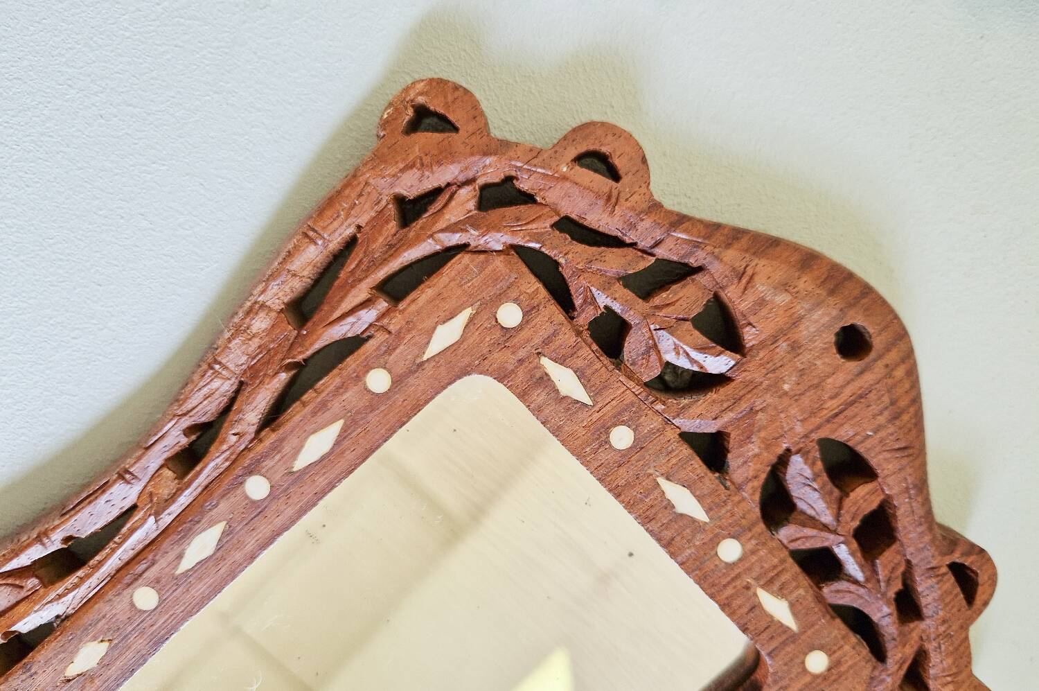 Vintage hand mirror in hand carved wood and bone inlay