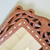 Miroir à main vintage en bois sculpté artisanal et incrustations os