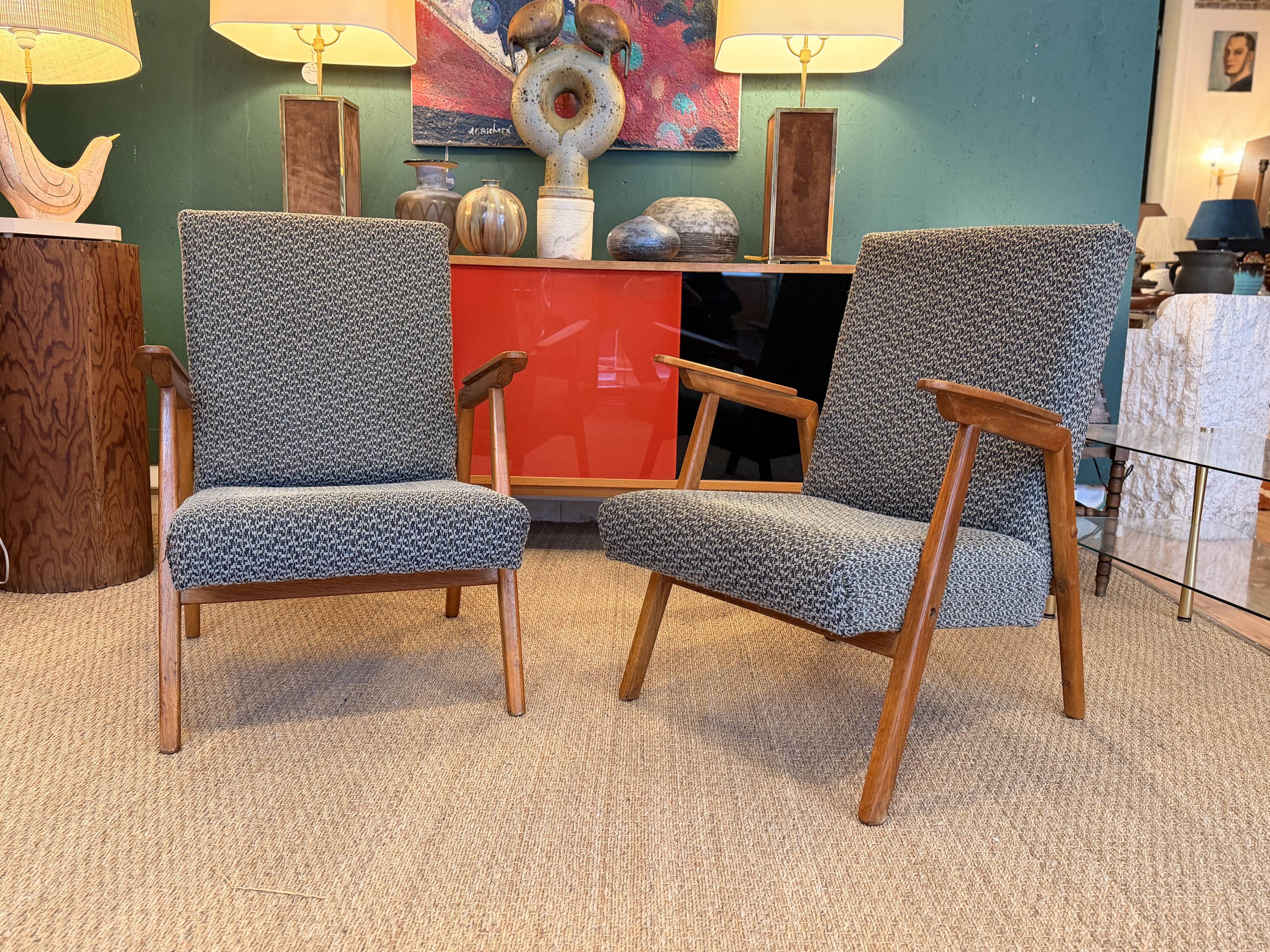 Pair of vintage oak armchairs, original fabric and seat.