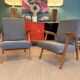 Pair of vintage oak armchairs, original fabric and seat.