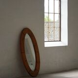 Large oval wall mirror in solid pine by Glasmäster Markaryd, Sweden, 1960s.