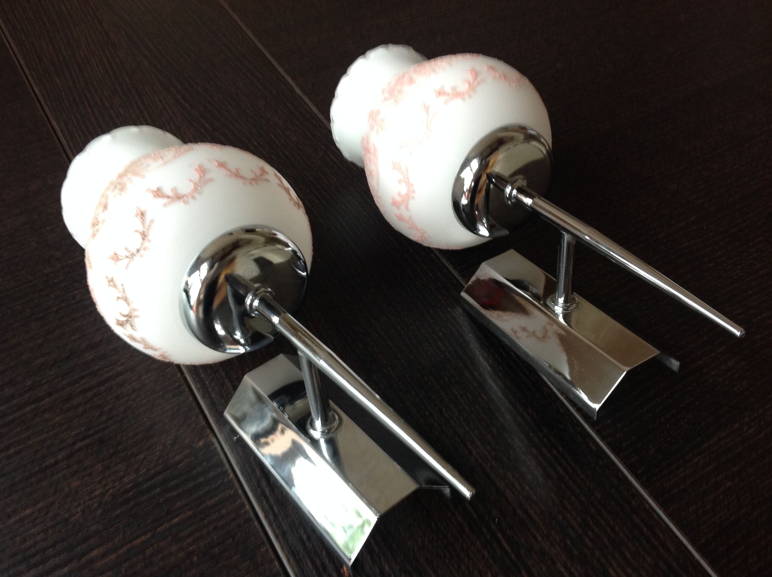 Pair of white opaline and chromed metal / vintage wall lamp 60s-70s