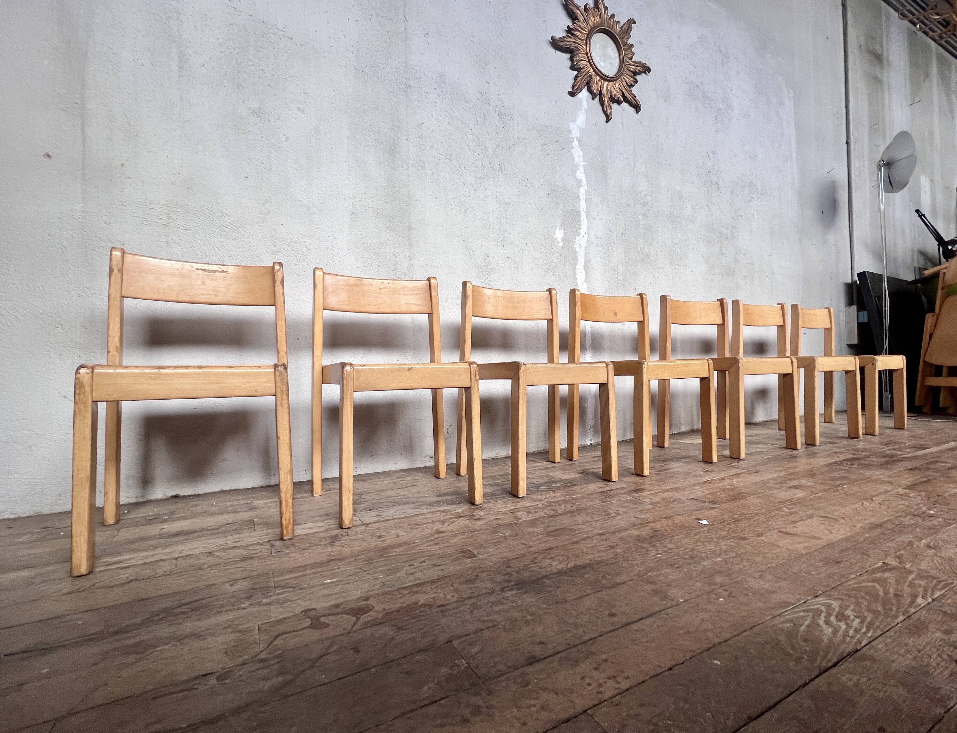 Series of 7 vintage Scandinavian bohemian wooden children's chairs