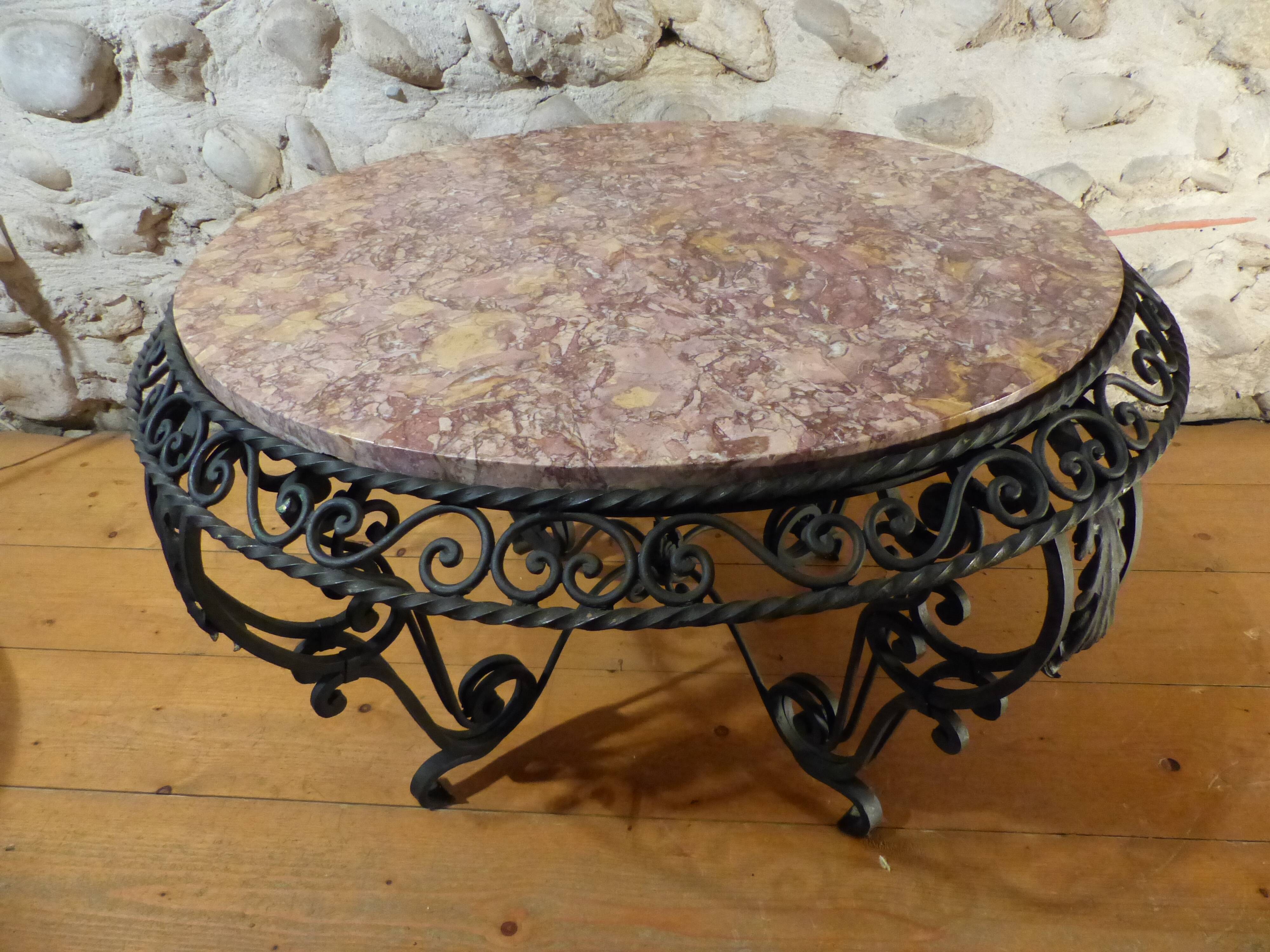 Wrought iron round coffee table and marble top