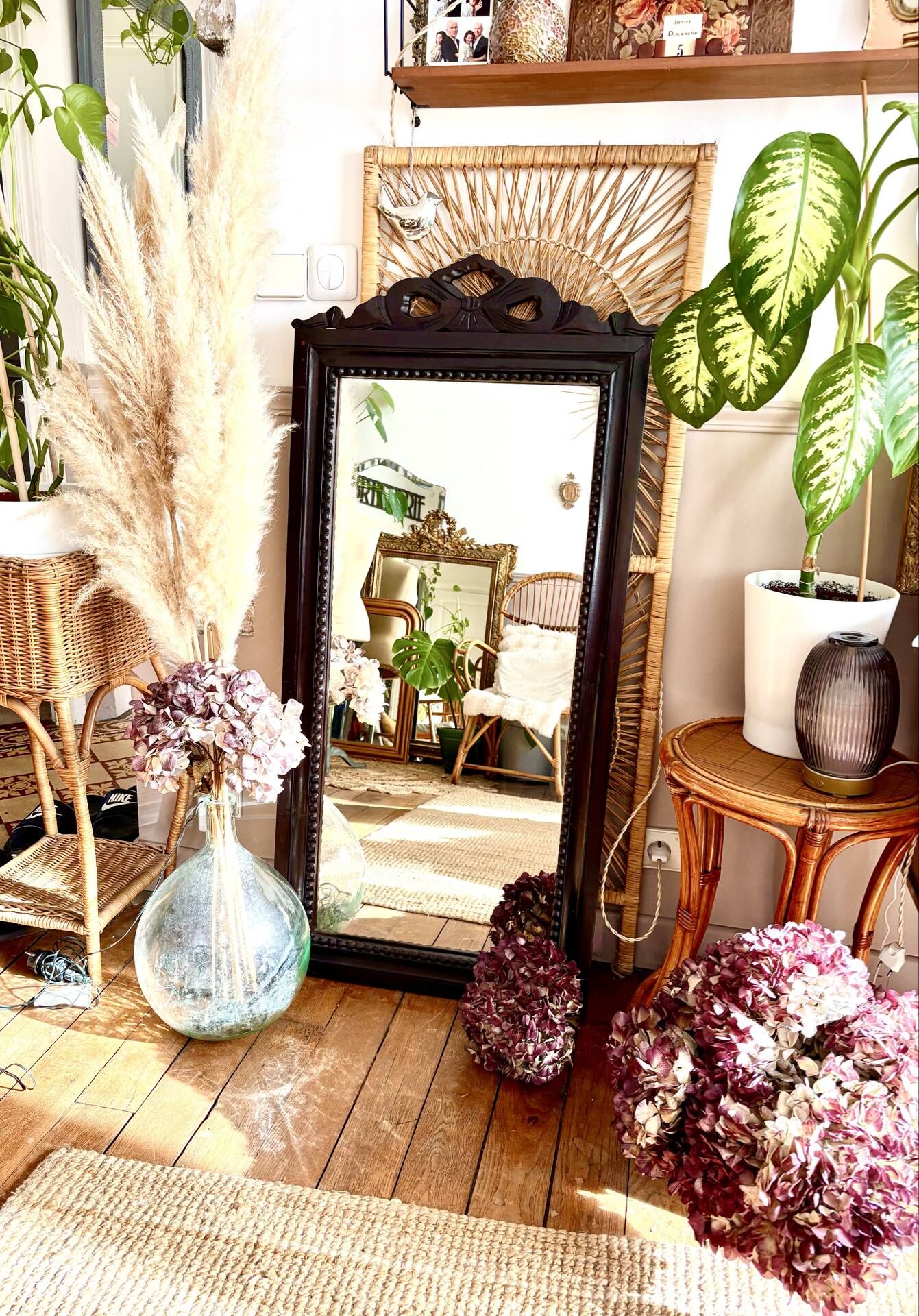 Large antique wooden mirror with sculpted pediment in boho style 118x57cm