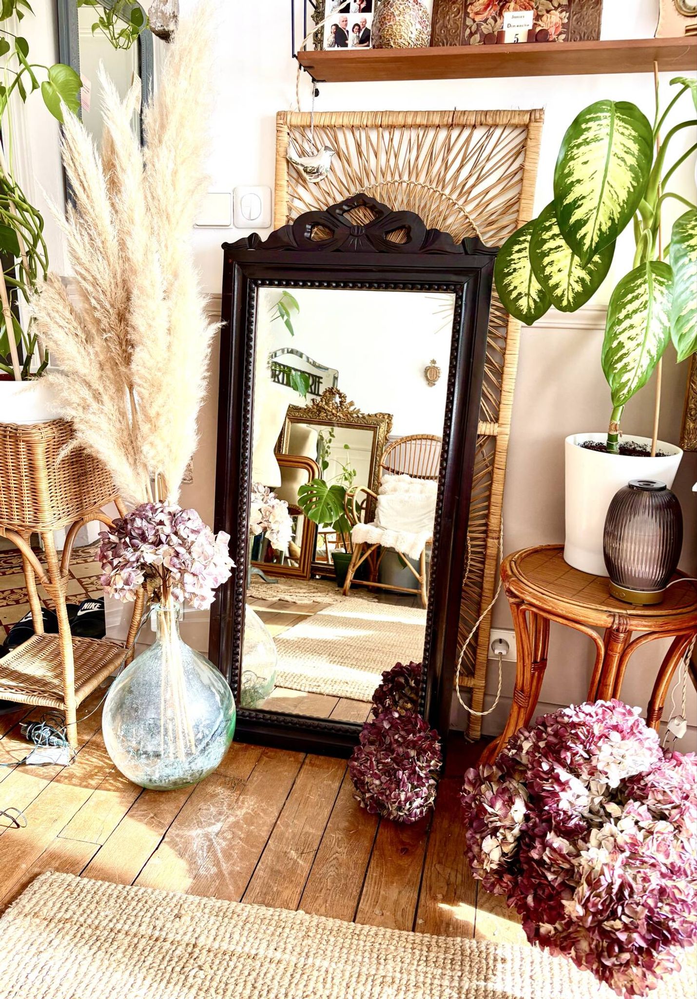Large antique wooden mirror with sculpted pediment in boho style 118x57cm