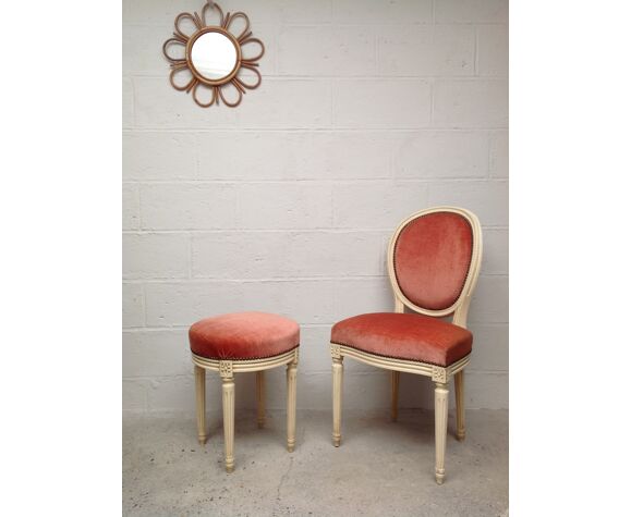 Louis XVI style medallion chair and velvet stool | Selency