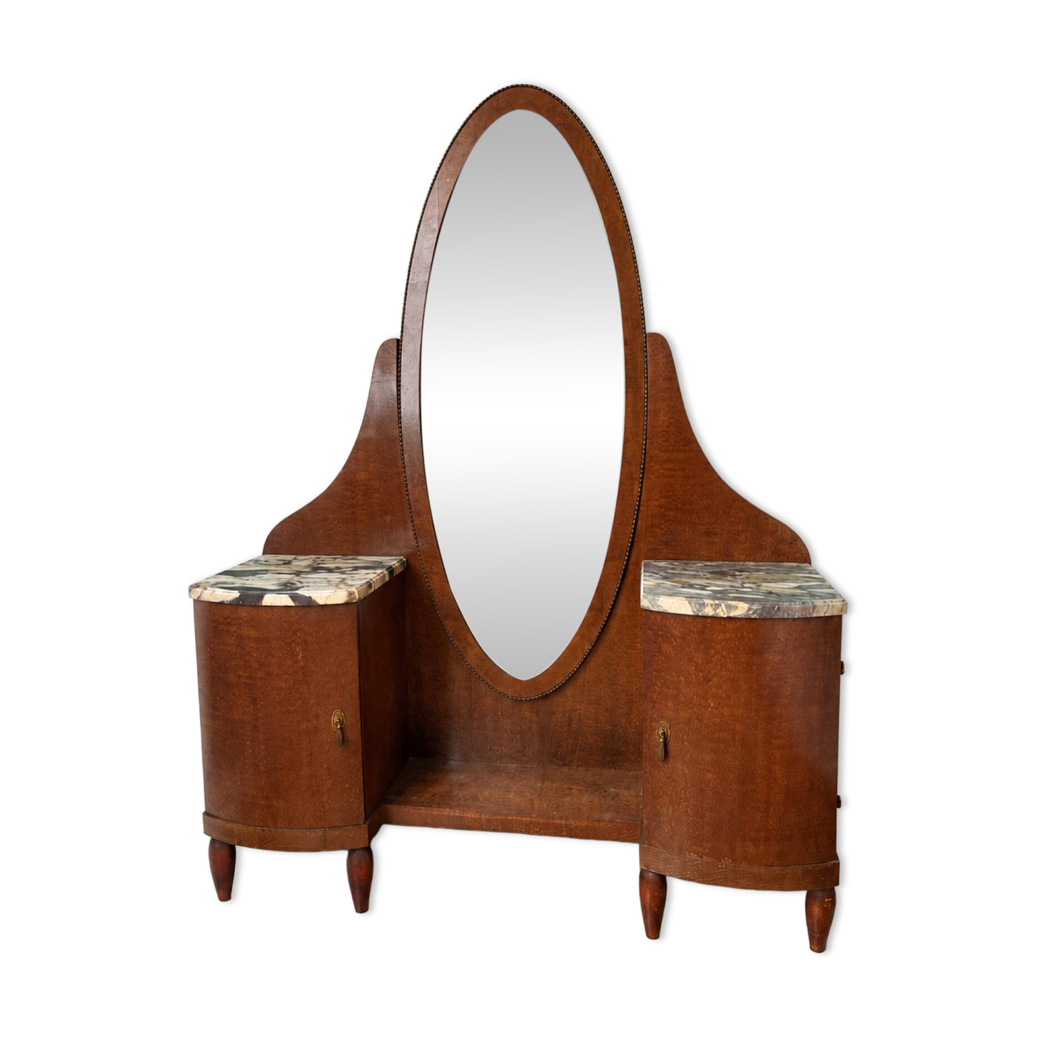 Art Deco dressing table in wood and marble, large oval mirror, 1930s-40s.