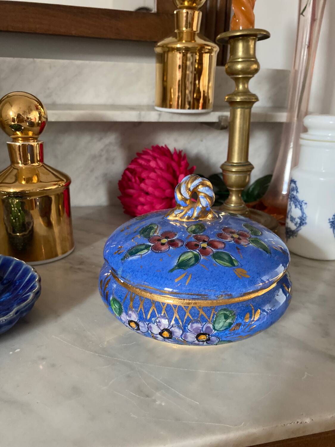 Old blue earthenware jewelry box