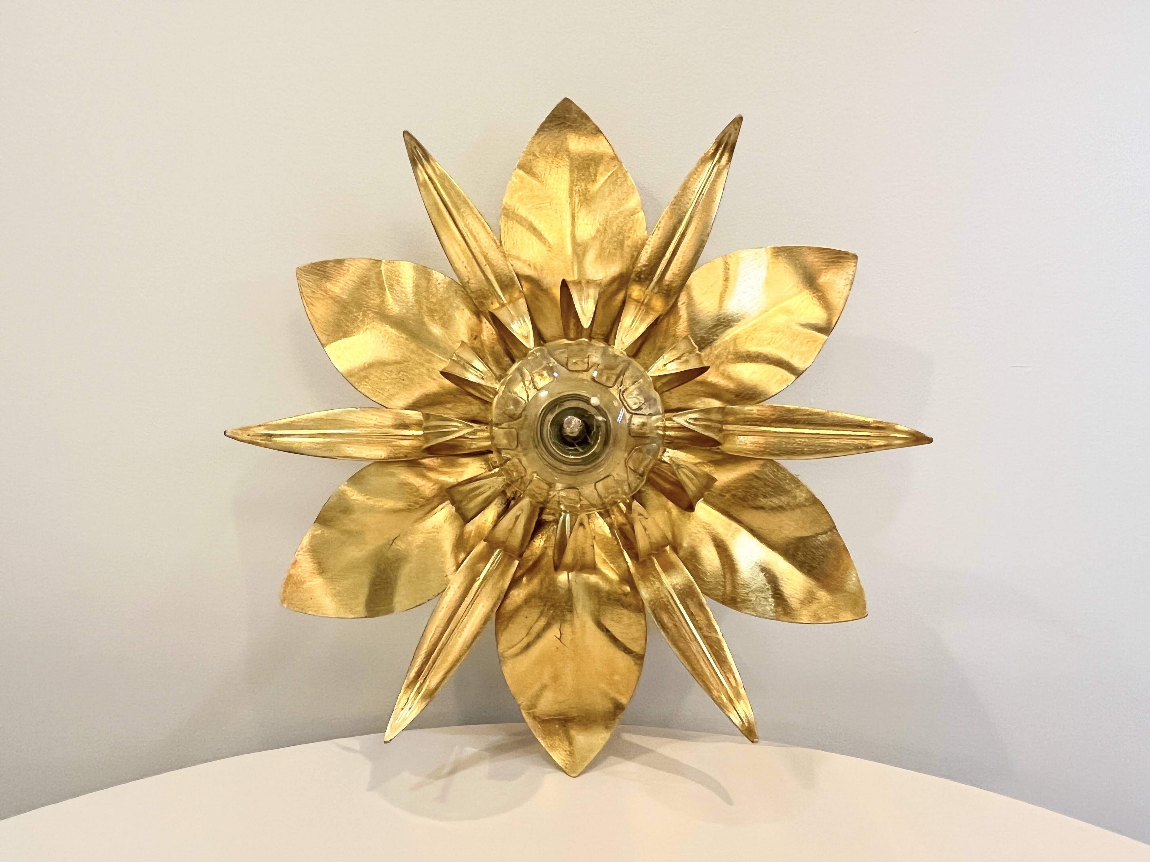 Masca style gold leaf metal flower wall light, 1970-1980