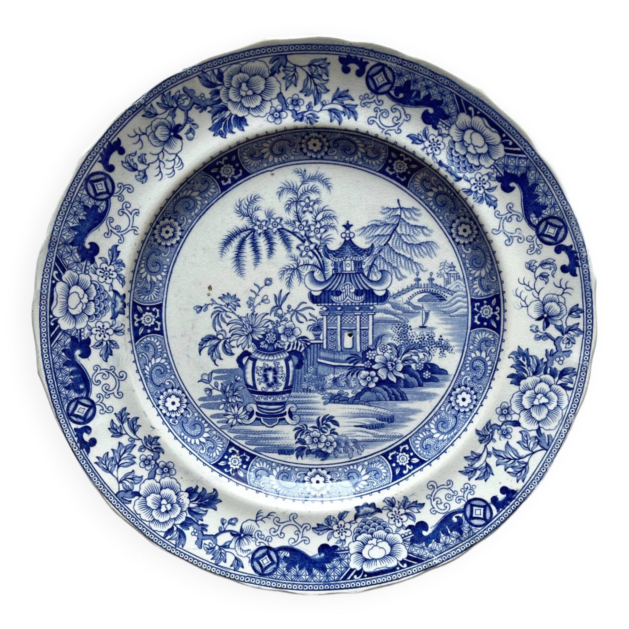 Assiette plate ancienne terre de fer décor japonisant Creil et Montereau