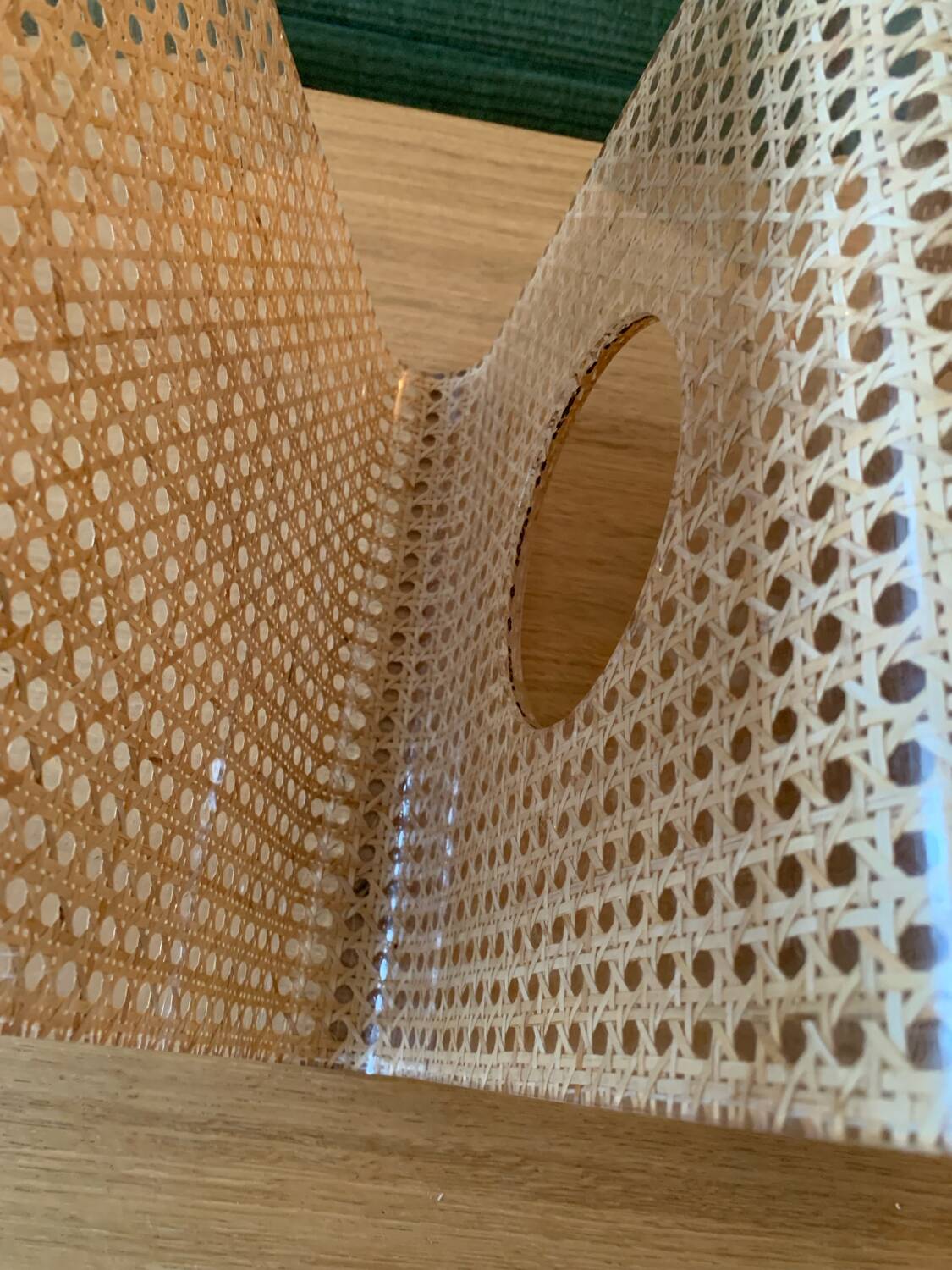 Plexiglass magazine rack with cane work, 1970