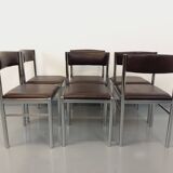 Set of 6 vintage chairs from the 70s in chrome metal and brown faux leather.
