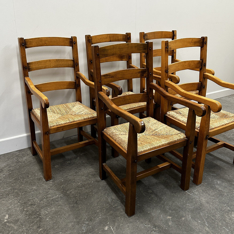 Set of 5 large French oak dining armchairs with rush seats, 1970s