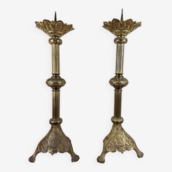 large pair of Gothic style candle sticks in bronze, 19th century