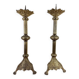 large pair of Gothic style candle sticks in bronze, 19th century