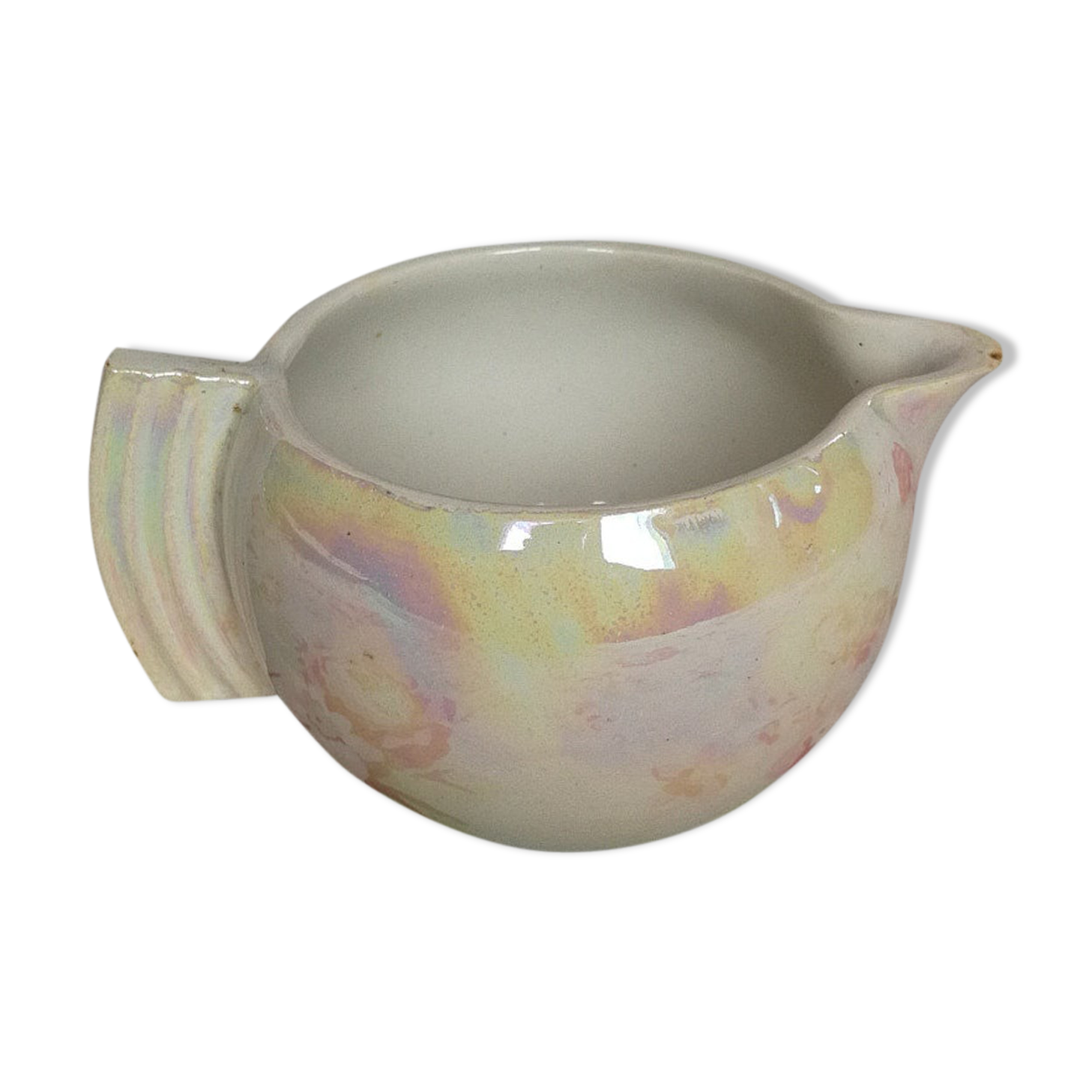 Round milk pot old vintage pink iridescent metallic art deco