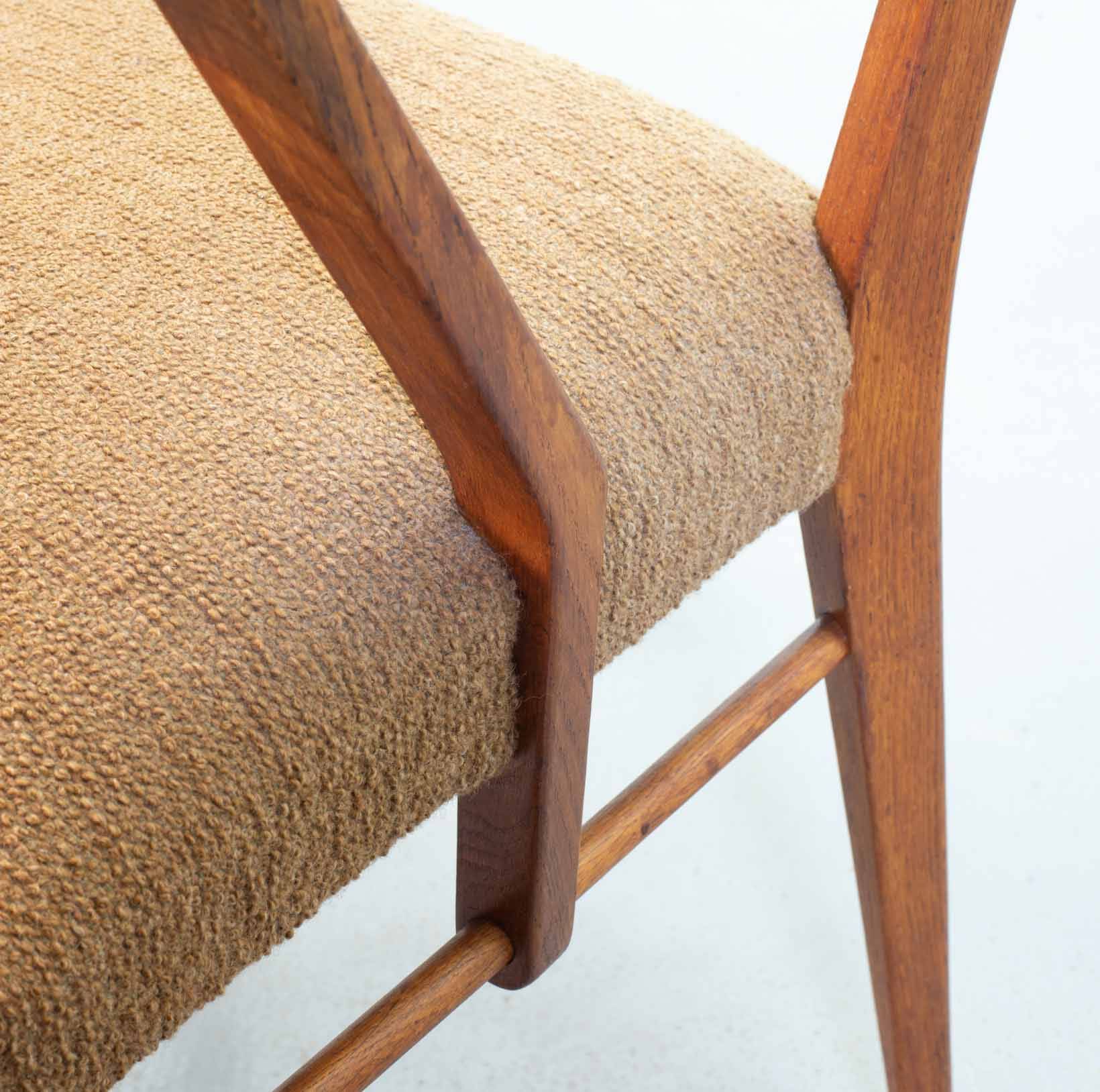 Cees Braakman Dutch Design Wooden Ladder Arm Chairs & Caramel Bouclé Fabric