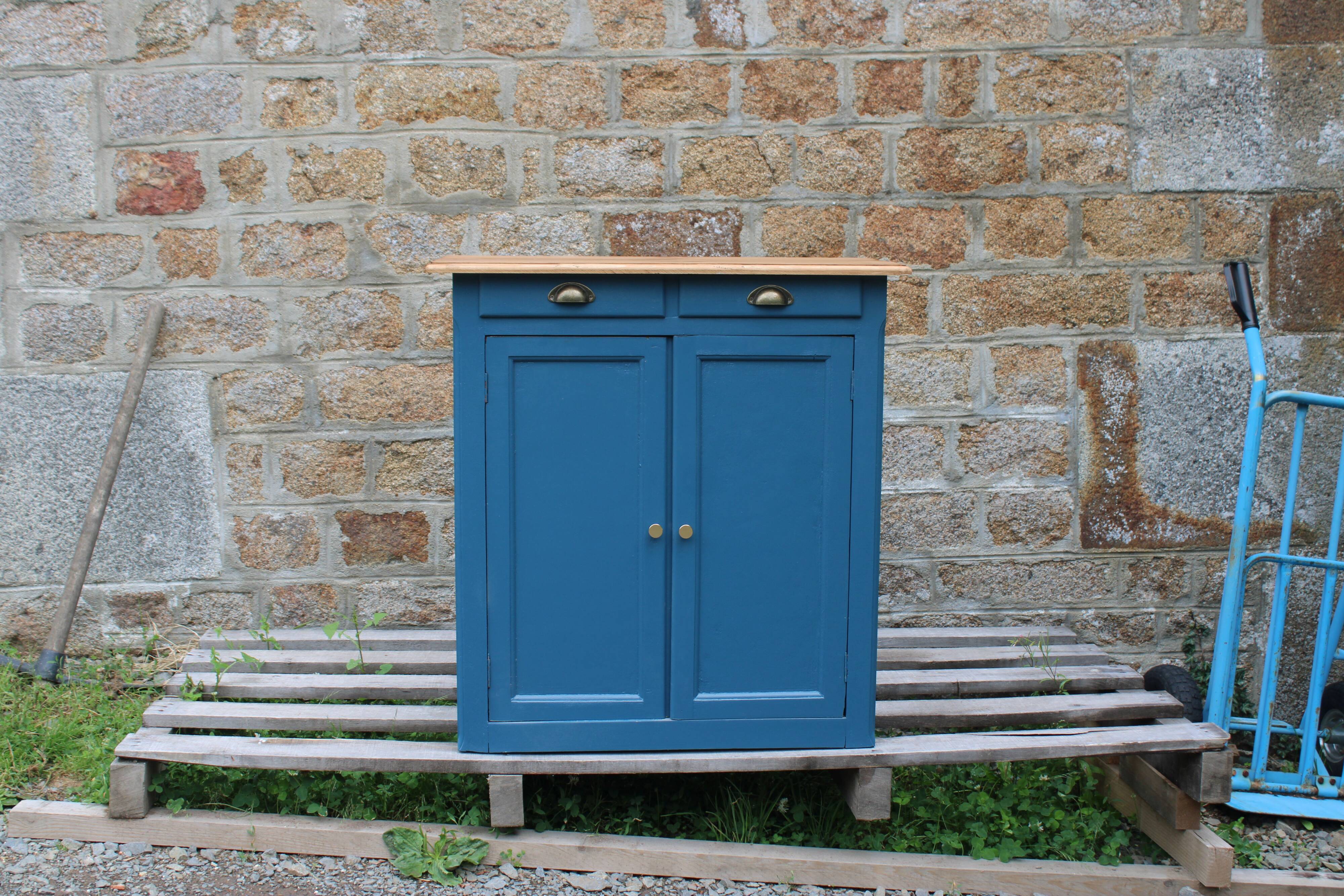 Vintage deep blue Parisian sideboard & natural wood top