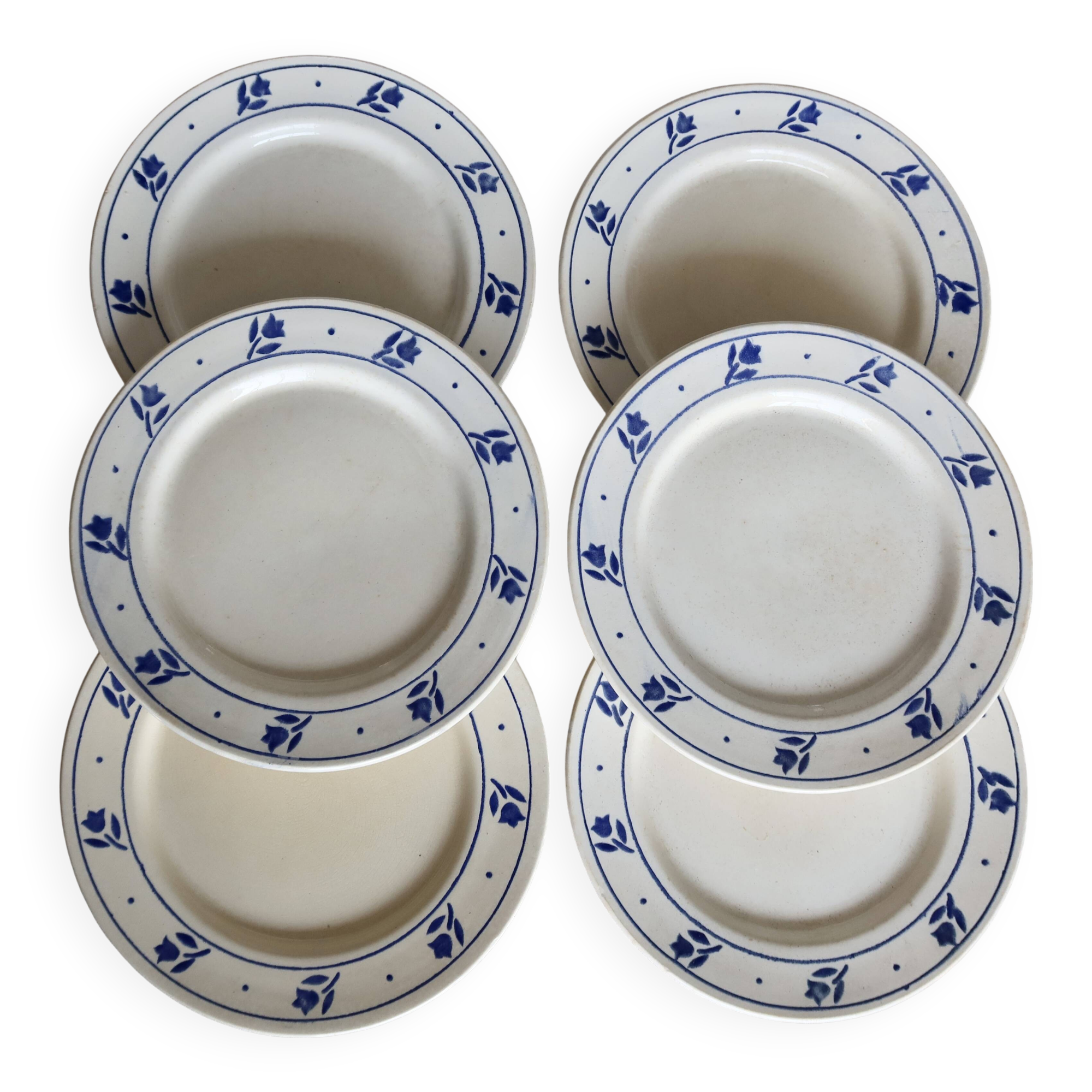 6 antique earthenware dinner plates - Blue tulip decor