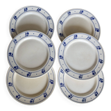 6 assiettes plates anciennes en faïence à décor de tulipes bleues
