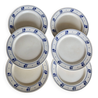 6 antique earthenware dinner plates - Blue tulip decor