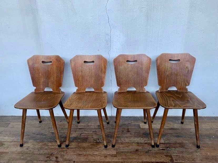 Series of 4 vintage rustic bistro chairs in thermoformed wood