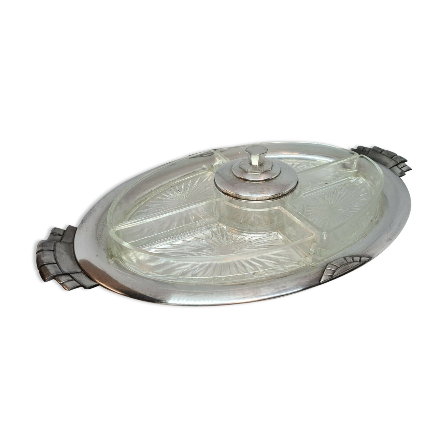 Art deco presentation dish in silver metal and glass compartments