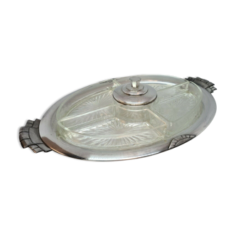 Art deco presentation dish in silver metal and glass compartments