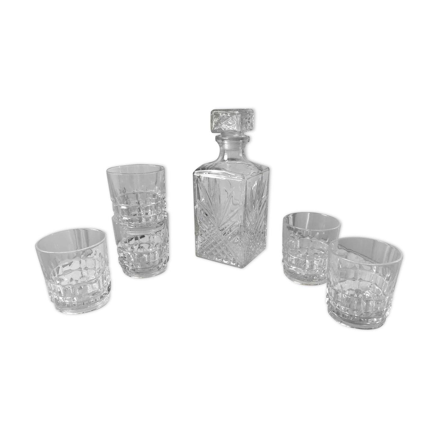 Set consisting of a carafé and 5 70s crystal whiskey glasses