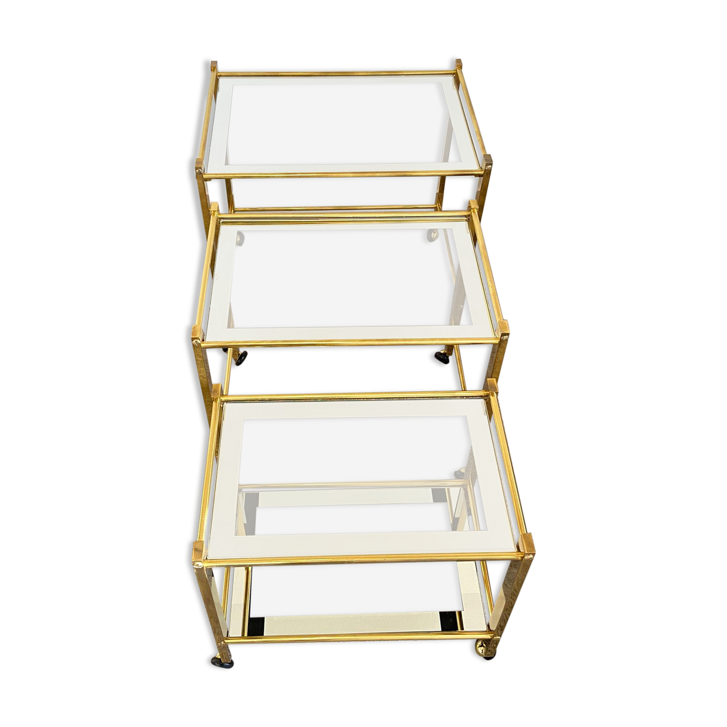 Trio of coffee tables "Nido" brass and glass Italy 70s