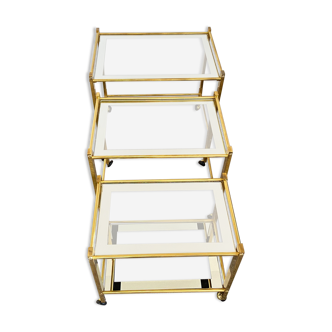 Trio of coffee tables "Nido" brass and glass Italy 70s